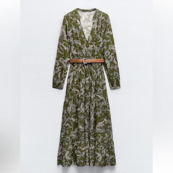 ZARA BNWT GREEN PAISLEY PRINT MIDI SHIRT DRESS BELTED. - Picture 7 of 10